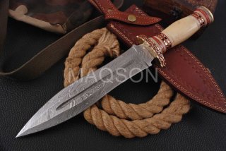 Custom Handmade Damascus Steel Hunting Bowie Knife with Bone | MAQ1764