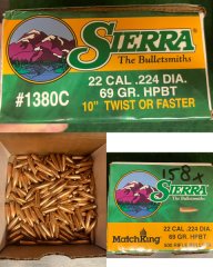 Sierra SMK Match King 69grs HPBT #1380C 158 Stück .22Cal