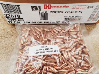 .22/.224/55grs. FMJ-BT Hornady Geschosse 250 stk #2267#