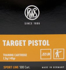 50 Stück / Schuss RWS .22 l.r. lfb KK Munition TARGET PISTOL 40grs 2,6g LRN Blei Rundkopf 285m/s
