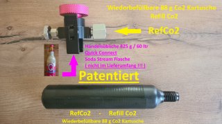 88 g Co2 Kartusche - Wiederbefüllbar ! patentiert ! RefCo2 ! + Adapter für SodaStream Quick Connect