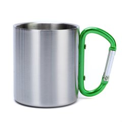 Doppelwandiger Edelstahlbecher / Tasse mit grünem Karabinergriff