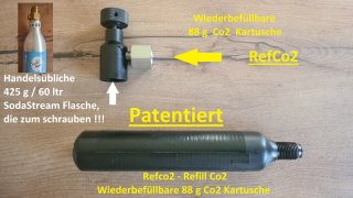 88 g Co2 Kartusche - Wiederbefüllbar ! patentiert ! RefCo2 ! + Adapter für schraubbare SodaStream