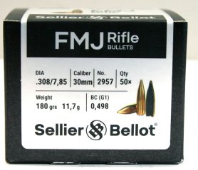 50 Stück S&B | Sellier&Bellot Geschosse #2957 | .308 / 7,62mm - 180grs / 11,70g FMJ BT | Vollmantel