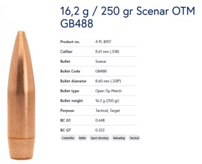 100 Stück LAPUA SCENAR Match Geschosse .338 Lapua 8,6mm 250grs / 16,2g #GB488 OTM 4 PL 8017 Open Tip