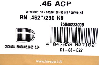 250St. H&N Geschosse .452(.45ACP) RN HS 230grs/14,9g|Haendler&Nattermann BLEIGESCHOSSE Rundkopf 45er