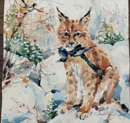 Luchs mit Beute Aquarell Original Bernd E. Ergert Jagd Kunst Bild