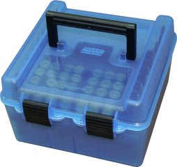 MTM R-100 DELUXE Patronenbox, Munitionsbox Scharnier - .22 bis 9,3 .410 auch RANDPatronen 100er BLAU